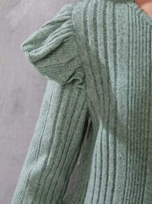 SHEIN Tween Girl Retro Ruffled Ribbed Knit A-Hem Waisted Long-Sleeved Dress - Green - View 6