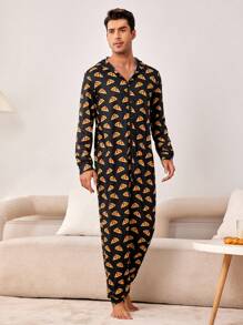 男士全印花比薩圖案拉鍊前帶兜帽家居套裝 - 黑色 - 查看 5