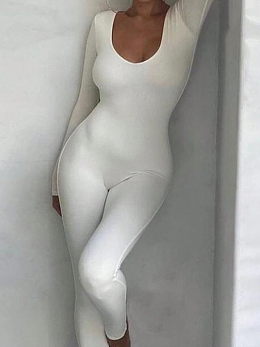 Women's Solid Color Slim Unitard Jumpsuit - White - View 1