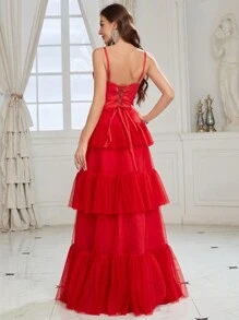 SHEIN Belle Vestido De Noche De Tul En Capas Con Corpiño Plisado Y Detalle De Espina De Pescado Para Mujer (resistente) - Rojo - Ver 5