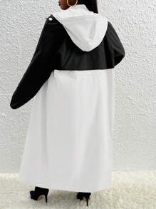 Slaydiva Của phụ nữ Kích thước lớn Khối màu áo có mũ Áo khoác Trench Với Mặt trước Dây kéo Và Eo dây rút - Đen và trắng - Xem 2