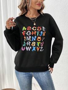 SHEIN LUNE Lỏng lẻo phù hợp Vòng cổ Áo nỉ Với In Khẩu hiệu Và Thả vai - màu đen - Xem 3