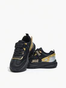 Fashionable Comfortable Flat Portable Boys' Gold Colorblock Sneakers - Black - View 3