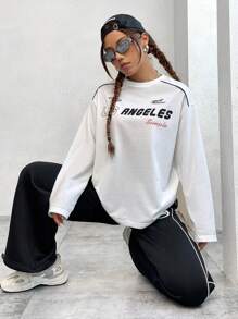 SHEIN EZwear 字母印花長袖下垂肩t恤 - 白色 - 查看 4