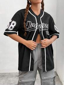 SHEIN Coolane 拼色卷边字母印花女式衬衫 - 黑色 - 查看 4