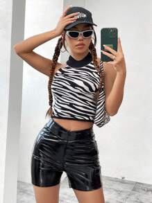 SHEIN EZwear Zebra Pattern Knit Top - Black and White - View 1
