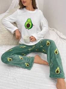 Avocado Print Flannel Long Sleeve And Long Pants Fluffy Pajama Set, Fall Winter Clothes