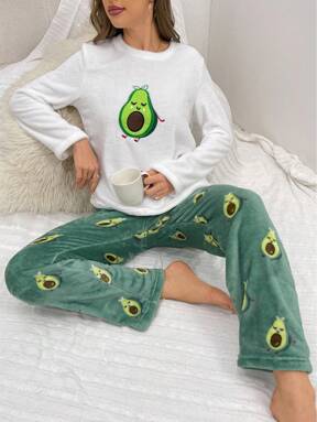 Conjunto de pijama de franela con bordado de patrón de aguacate, de manga larga y pantalón largo, esponjoso, para otoño e invierno, acogedor