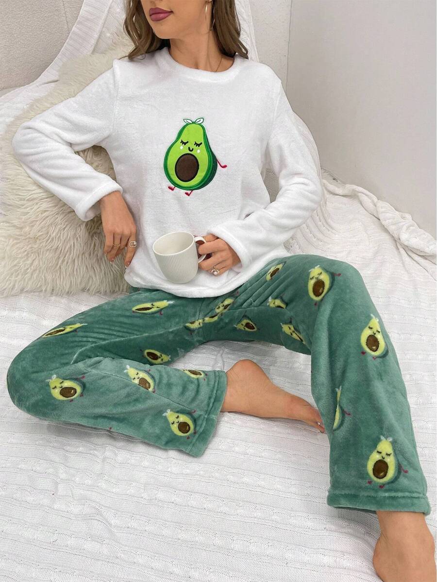 Avocado Print Flannel Long Sleeve And Long Pants Fluffy Pajama Set, Fall Winter Clothes