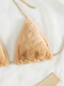 SHEIN Swim 蓬松拼接三角杯挂脖比基尼套装夏日海滩 - 卡其色 - 查看 5