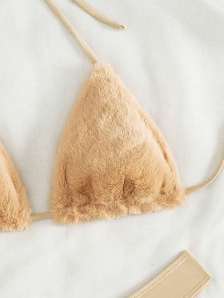 Fluffy Splice Triangle Cup Halter Bikini Set Summer Beach