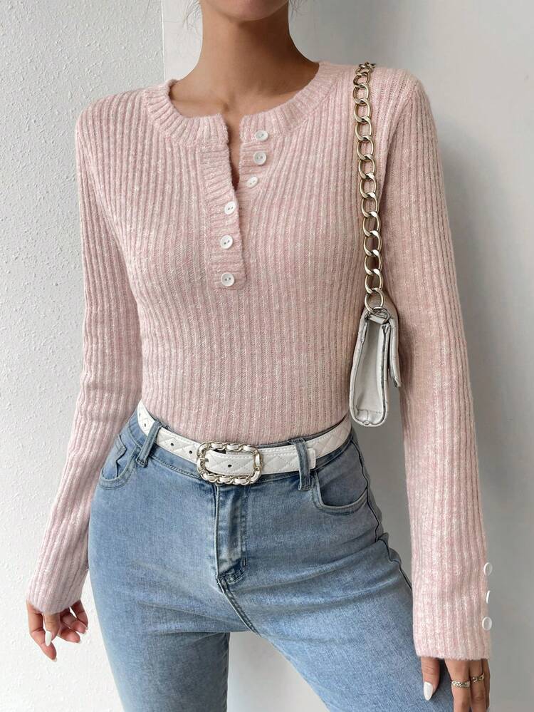 Women's Tight-Fit Pink Knit Pullover Fall Winter Sweater
