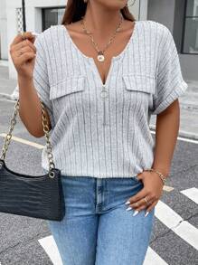 Nubod Plus Size Women's Ribbed Batwing Sleeve T-Shirt - Light Grey - View 3