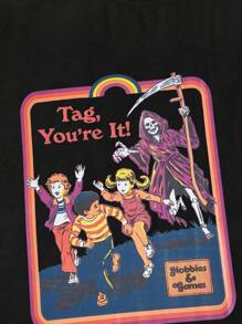 Stevenrhodes ROMWE MEN Men Letter Skull & Figure Graphic Tee, School - Black - View 3