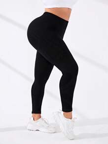 Yoga Basic 大尺碼無縫緊身運動打底褲 - 黑色 - 查看 1