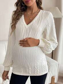 SHEIN Maternity V Neck Lantern Sleeve Tee - White - View 3