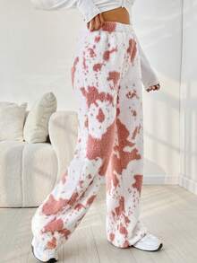 SHEIN EZwear Tie Dye Wide Leg Teddy Pants - Pink - View 5