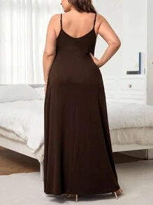 SHEIN Privé Plus Size Color Block Stripe Print Long Cami Dress For Vacation And Leisure - Brown - View 2