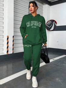 Flirla 大碼字母圖案袋鼠口袋落肩袖抽繩連帽衫和運動褲 - 綠色 - 查看 6