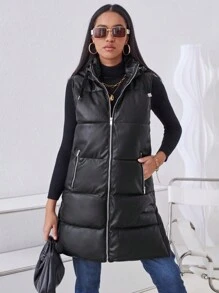 SHEIN LUNE Women's Solid Color PU Leather Zip-Up Hooded Padded Vest Puffer Jacket For Autumn/Winter Clothes - Black - View 4