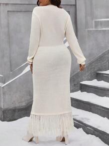 Calvaya Plus Size Fringe Decoration Bodycon Sweater Dress Fall Winter Cloth For Women Autumn - Apricot - View 2