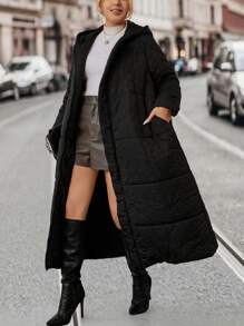 SHEIN LUNE 加双口袋连帽长款加厚棉服外套，适合冬季服装 - 黑色 - 查看 4