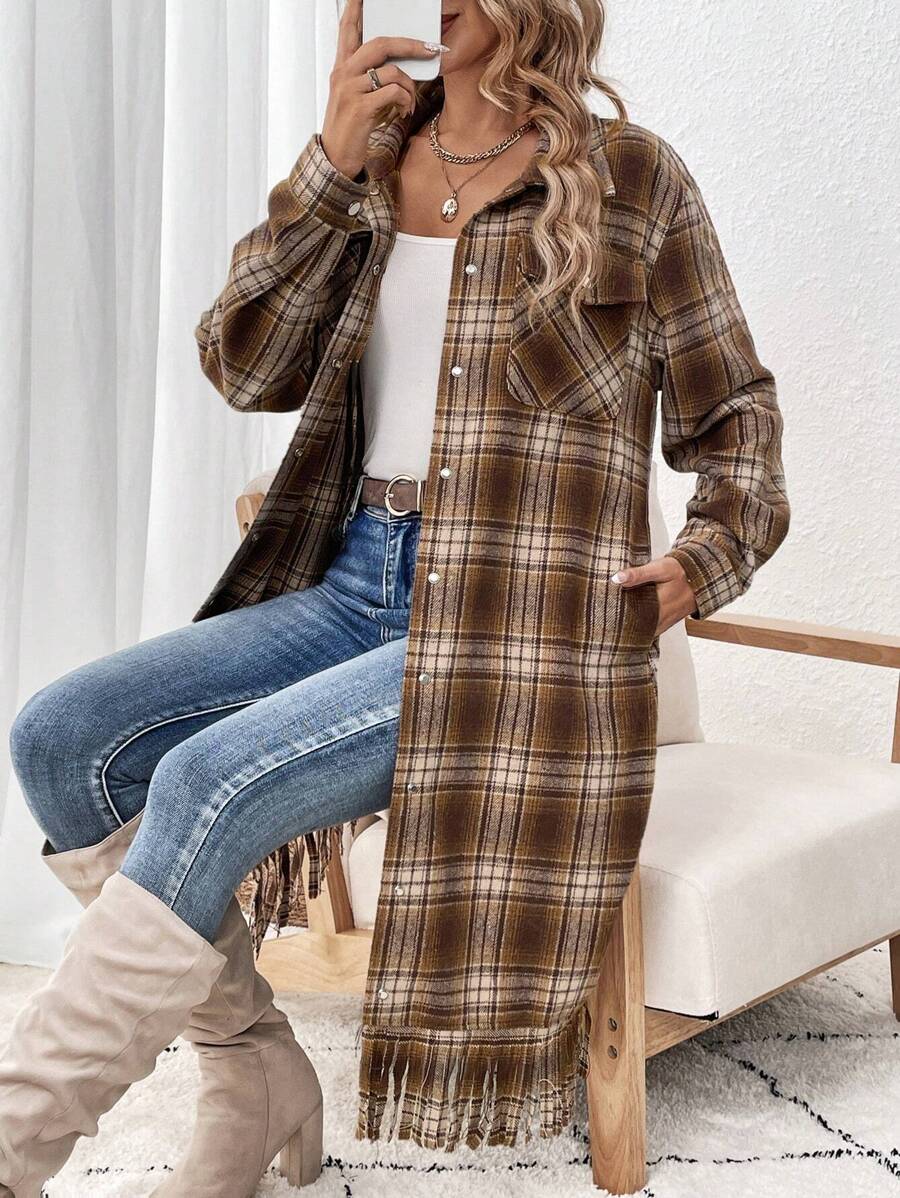 SHEIN LUNE Quý cô Kiểm tra Viền tua Chiều dài trung bình áo - Nhiều màu - Xem 1