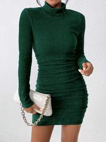 SHEIN Frenchy Women's High Neck Ribbed Bodycon Dress - Dark Green - View 3
