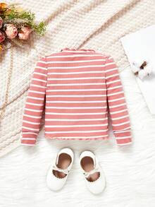 SHEIN Camiseta De Bebé Niña Con Ribete De Lechuga Y Estampado De Rayas - Rosa - Ver 2