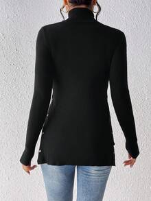 SHEIN Essnce Suéter Sólido De Cuello Alto Con Dobladillo Dividido - Negro - Ver 2