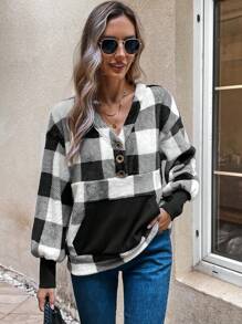 EMERY ROSE Women'S Checkered Drop Shoulder Sweatshirt - Black and White - View 5