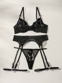 SHEIN Conjunto De Lencería Sexy De Malla Bordada Para Mujer - Negro - Ver 2