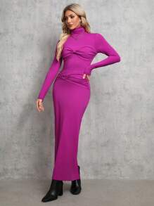 SHEIN Tall 女款高領荷葉邊細節連身裙 - 粉色 - 查看 6