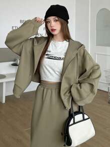 DAZY 女士拉鍊前開放肩連帽夾克和裙子套裝 - 綠色 - 查看 6