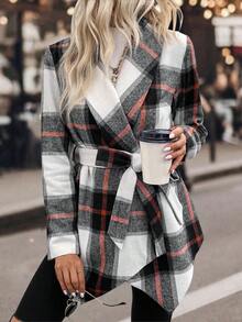Chiquease Plaid Print Asymmetrical Hem Belted Coat - Multicolor - View 3