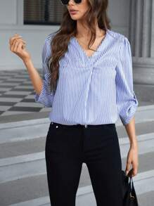 SHEIN Essnce Sọc Tay áo cuộn lên Áo sơ mi - Xanh đậm - Xem 3