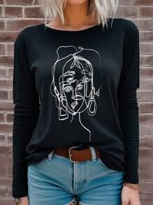 SHEIN LUNE Của phụ nữ Hình vẽ trừu tượng Sợi dây In Áo thun - màu đen - Xem 5