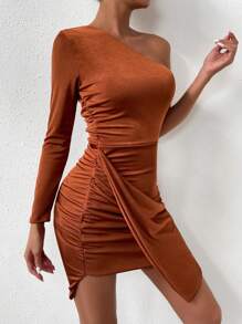 Zolique Women's Slim Fit Asymmetrical Collar Bodycon Dress - Rust Brown - View 4
