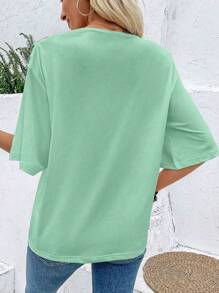 EMERY ROSE Asymmetric Collar Character Pattern T-Shirt Graphic Tees Women Tops - Mint Green - View 2