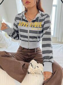 SHEIN EZwear Women's Striped Hoodie With Letter Print And Drawstring - Grey - View 6