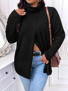 SHEIN LUNE 大碼女性高領下擺開叉外套 - 黑色 - 查看 4