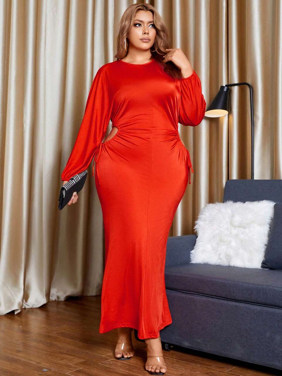 Plus Size Women's Back Draped Fish Tail Design Dress With Jacquard Fabric