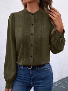 SHEIN Clasi Chèn ren Guipure Tay áo lồng đèn Áo sơ mi - xanh quân đội - Xem 1