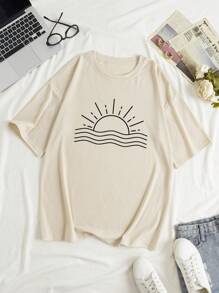 SHEIN LUNE Camiseta De Manga Corta Con Impresión De Sol Para Mujeres - Albaricoque - Ver 3