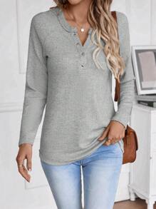 EMERY ROSE Của phụ nữ Màu thuần Raglan Tay áo dài Áo thun Với nút Chi tiết - Màu Xám nhạt - Xem 1