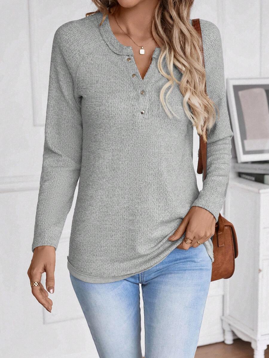 EMERY ROSE Của phụ nữ Màu thuần Raglan Tay áo dài Áo thun Với nút Chi tiết - Màu Xám nhạt - Xem 1