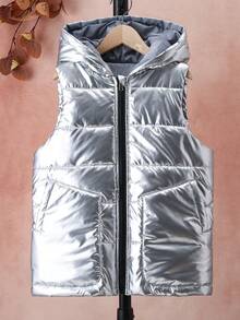 SHEIN Áo vest mùa đông có mũ trùm đầu phía trước của Tween Girls - Bạc - Xem 4