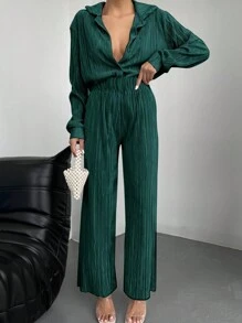 SHEIN 女士實色襯衫和長褲二件套裝 - 墨綠色 - 查看 1