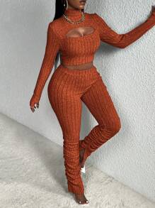 Slaydiva Slayr Casual Home Style Tailoring Cổ cao Khoét sâu Phía trước Ngắn Tay Dài Áo thun Quần dài xẻ gấu màu cam Bộ đồ hai mảnh bó dành cho nữ - Gỗ đỏ - Xem 3