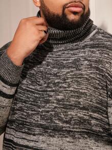 Manfinity VCAY Men Plus Size Knitted Turtleneck Sweater With Two-Tone Design, For Fall Winter - Black and White - View 5